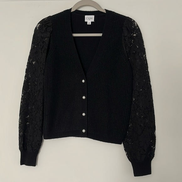 Cami NYC Beth Cardigan Lace Sleeve Wool Sweater Pearl Buttons - Picture 3 of 16